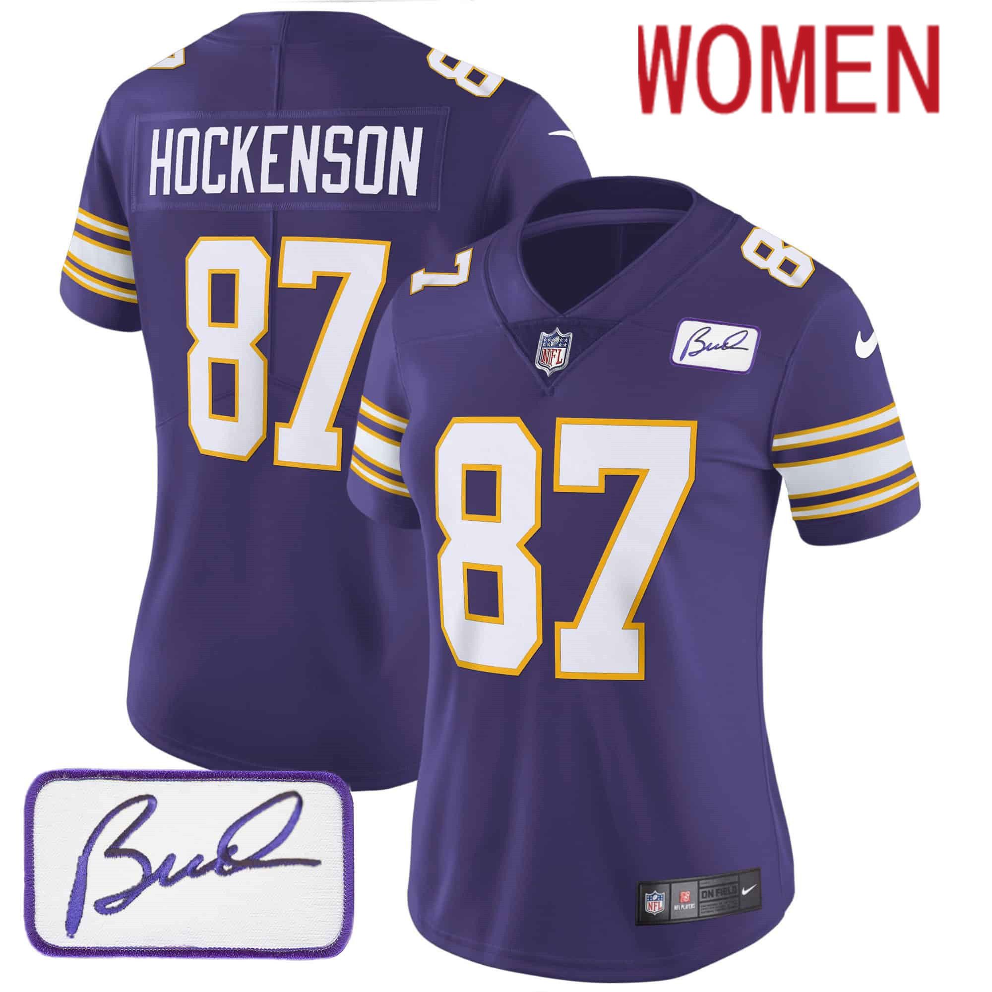 Women Minnesota Vikings #87 Hockenson Purple 2024 Nike Bud Grant Patch Classic Limited NFL Jersey style 1